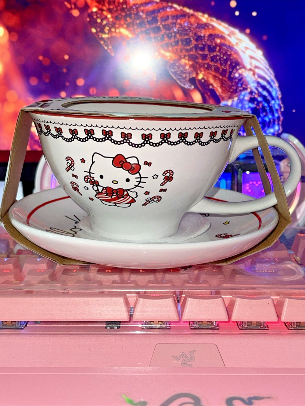 Hello Kitty Christmas Tea Cup Holiday Saucer Mug Set 12oz Candy Cane 2023 Sanrio
